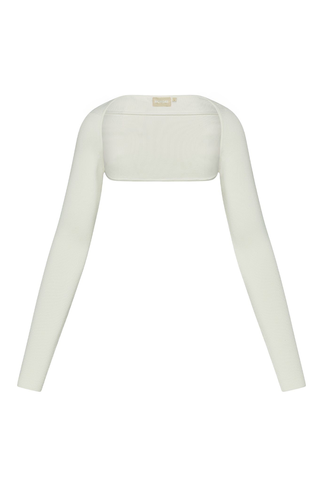 Ivory cropped knit bolero shrug with long sleeves; tag reads MONDAY.