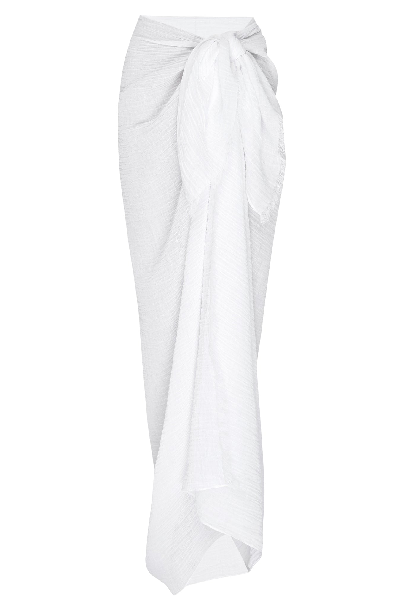 White gauzy sarong wrap skirt with front knot and long draped panel