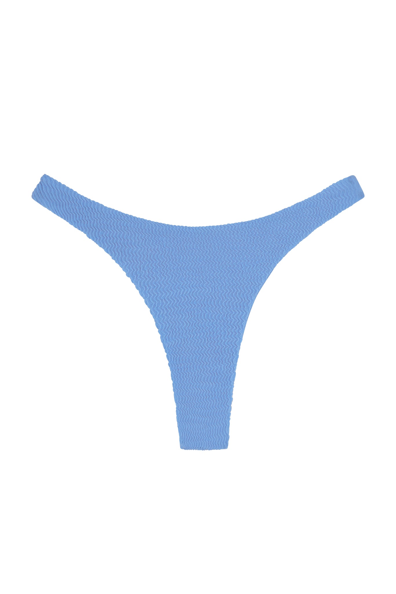 Light blue textured ribbed bikini thong bottom on white background.