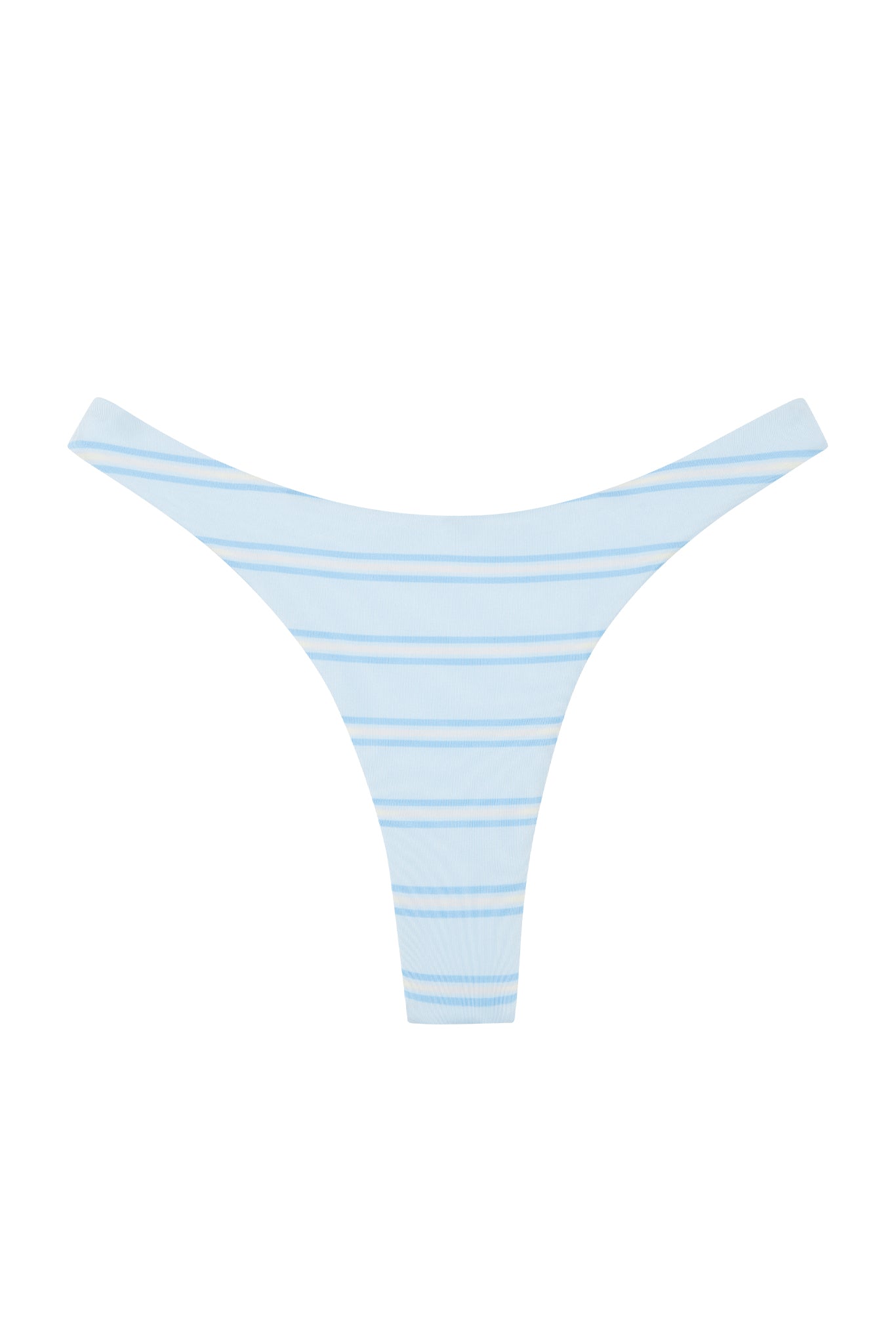 Light blue striped thong underwear, laid flat on white background.