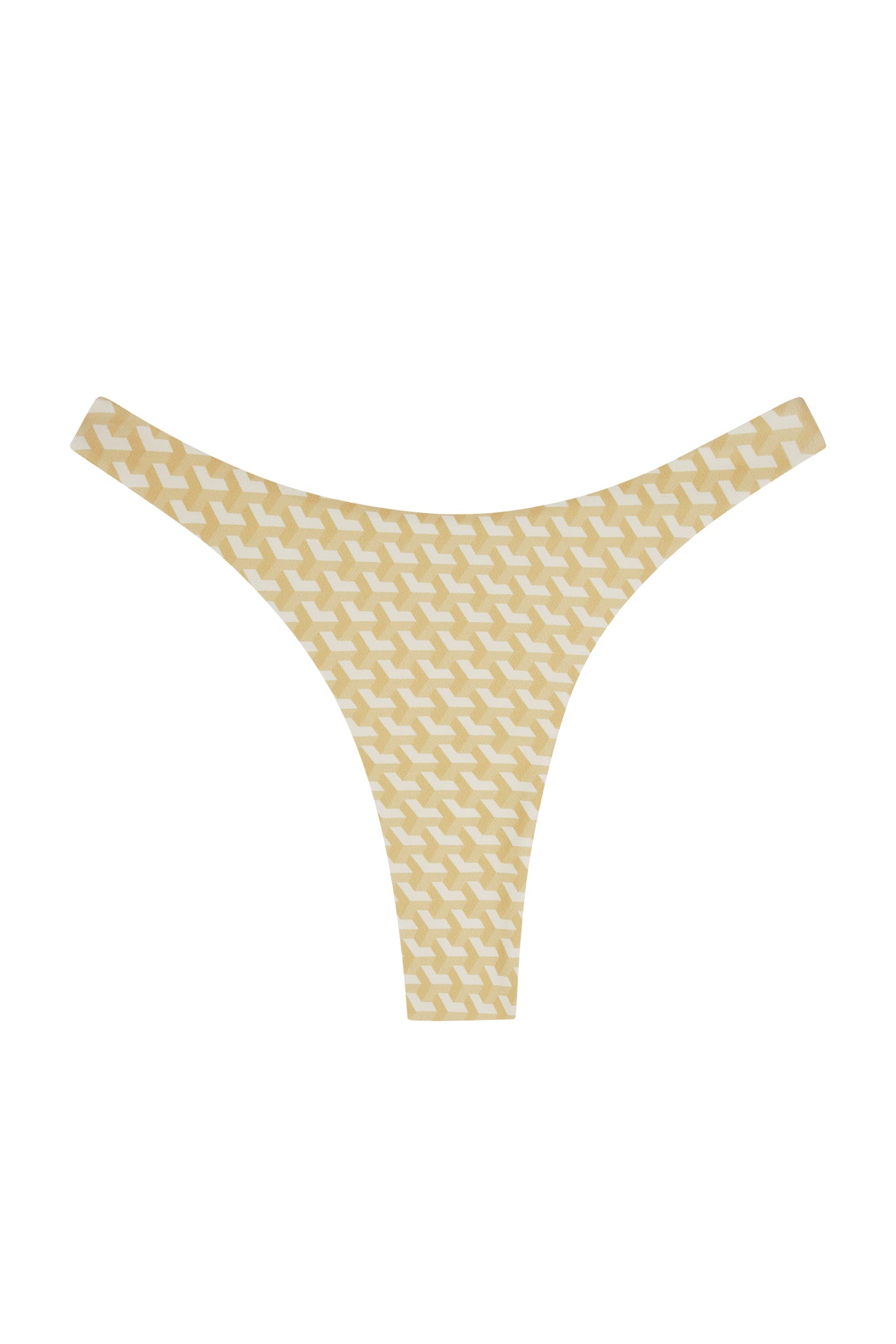 Beige thong underwear with repeating white geometric pattern, laid flat on white background.