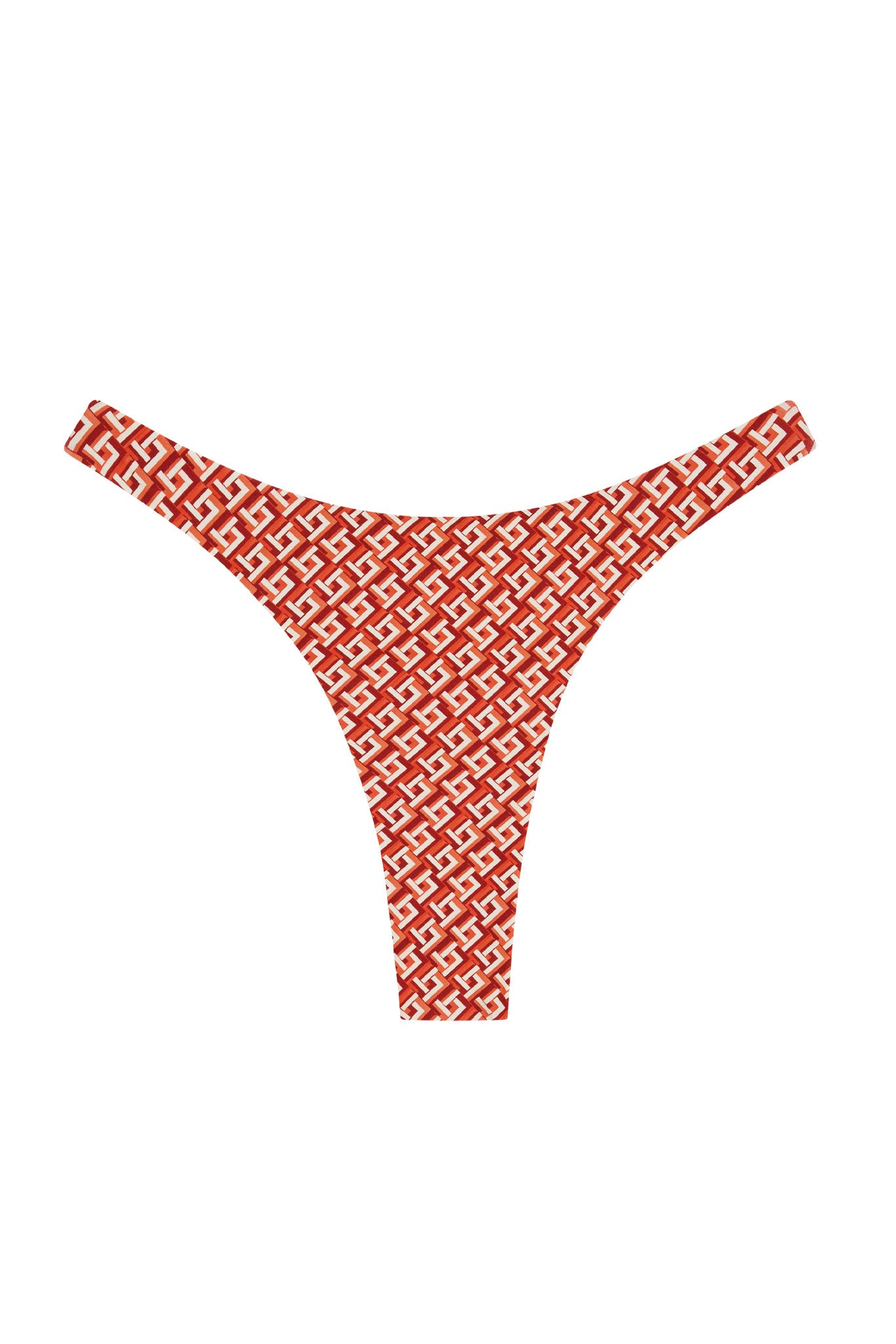 Red geometric-patterned thong bikini bottom on white background