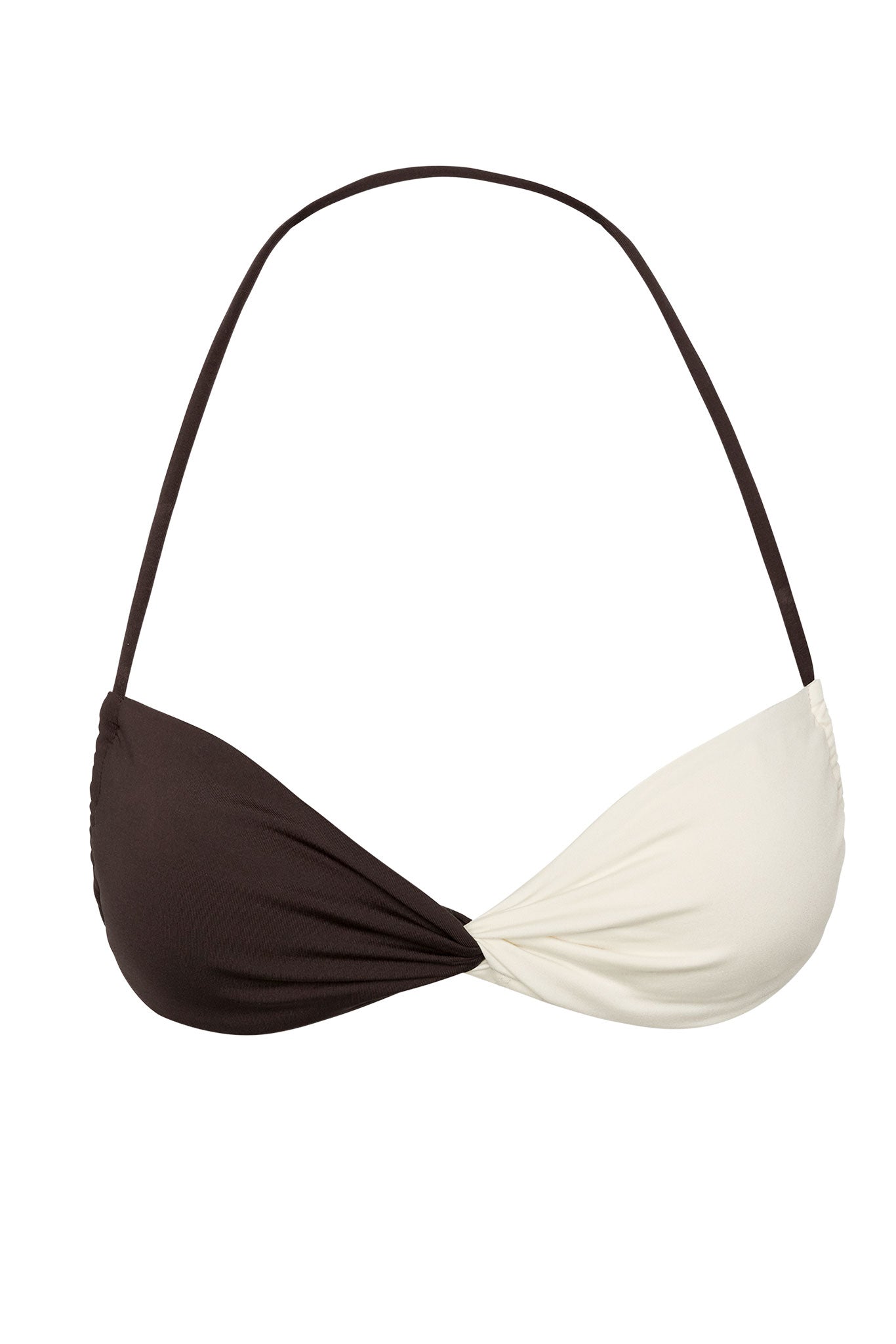 Two-tone halter bikini top, brown left cup and cream right cup with twisted center detail.