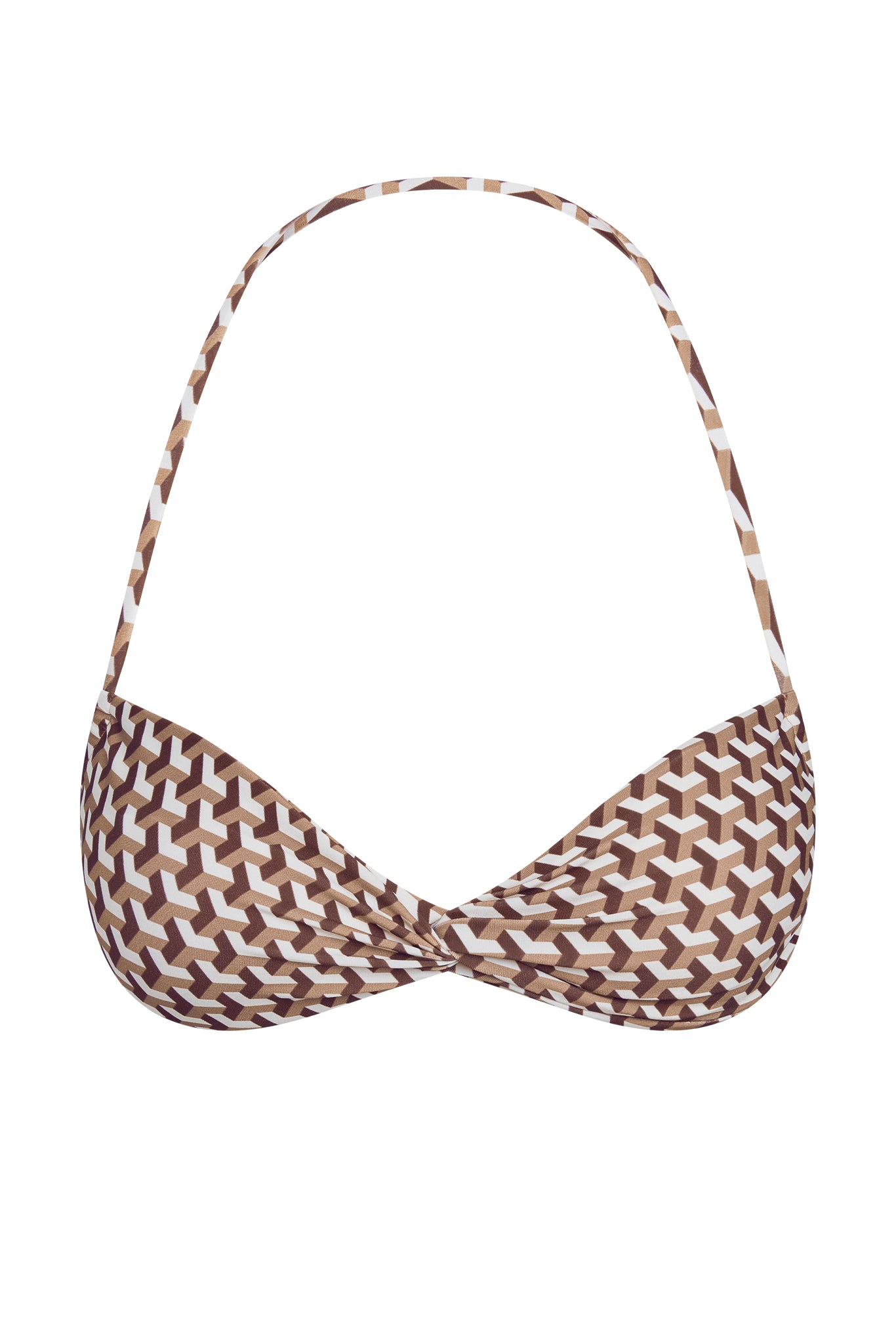 Brown and white geometric-patterned halter bikini top with twisted front seam
