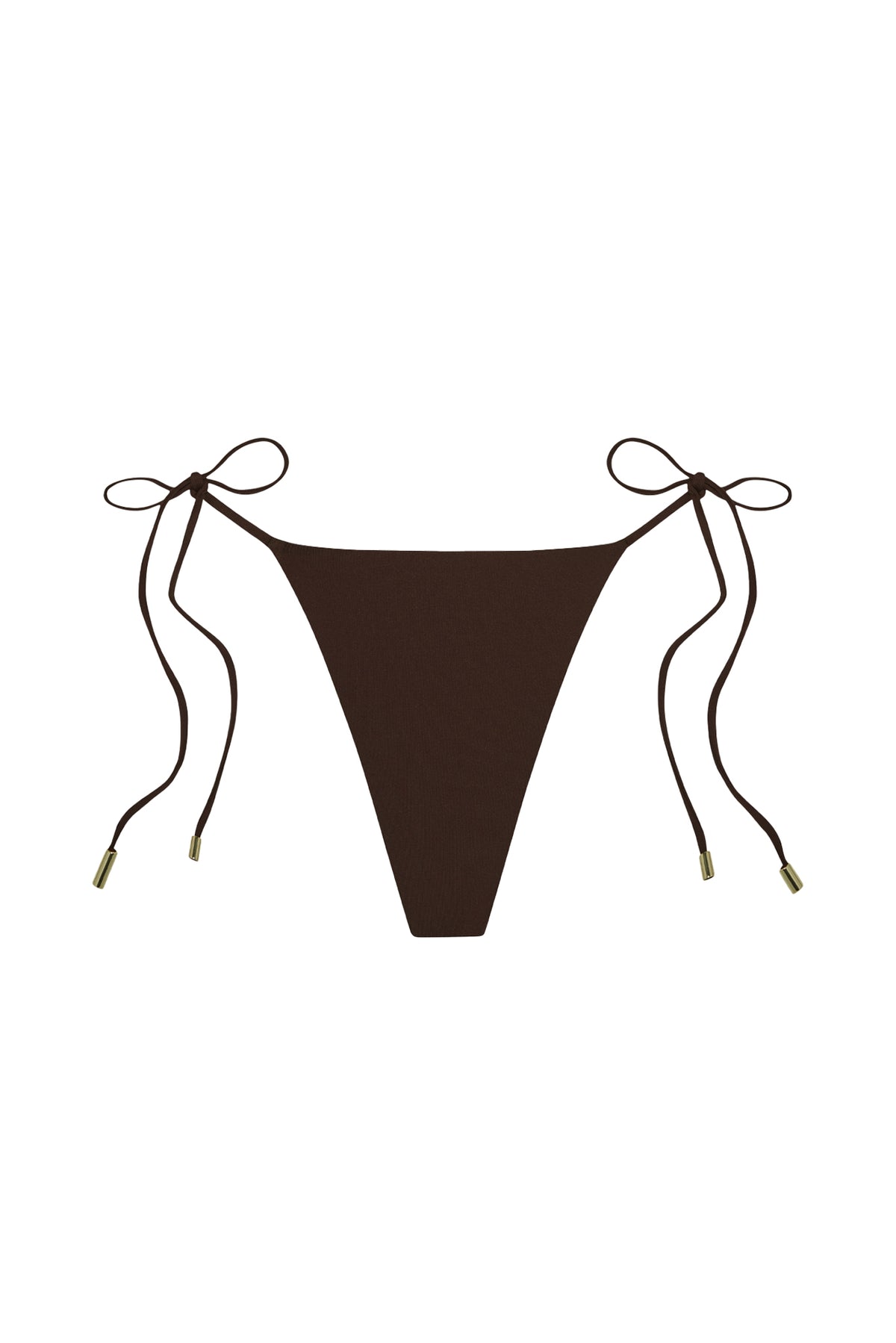 Front view of Taormina Bottom in espresso showcasing adjustable side ties and gold hardware with white background