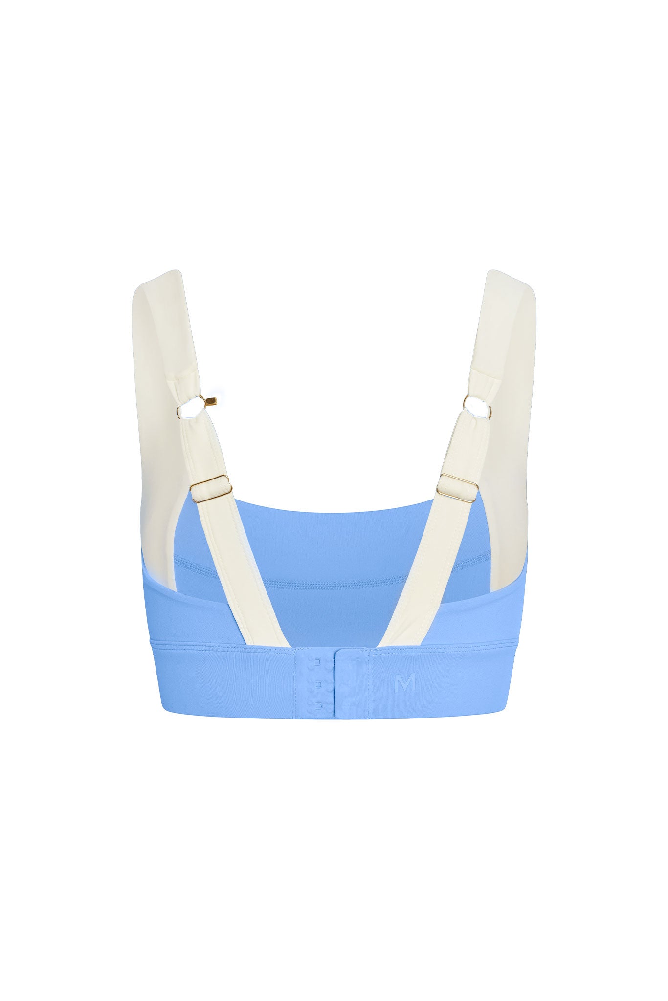 Back view of light blue bra with cream adjustable straps and hook-and-eye closure; M on band.