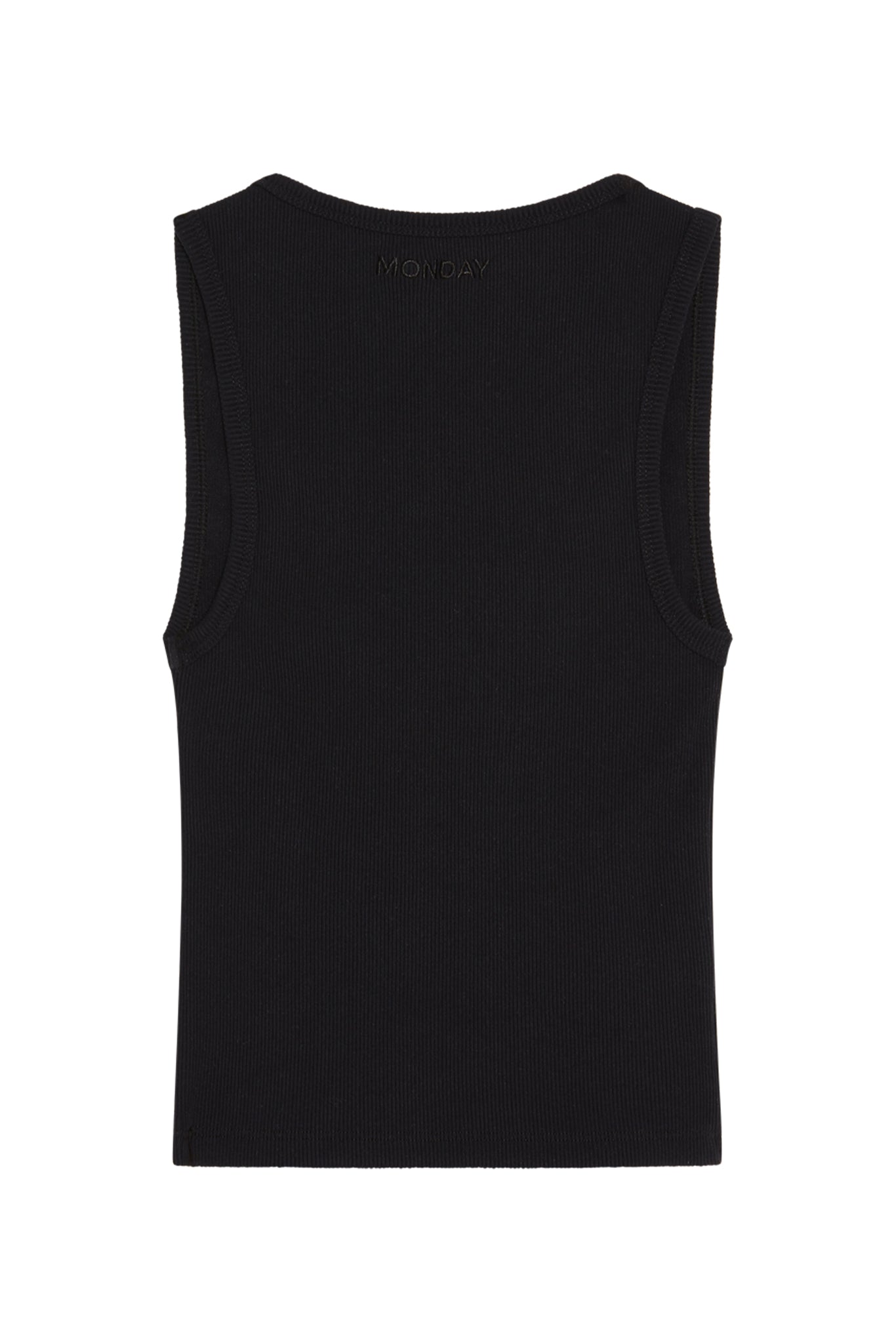 Black ribbed tank top, back view, small embroidered 'MONDAY' near neckline.