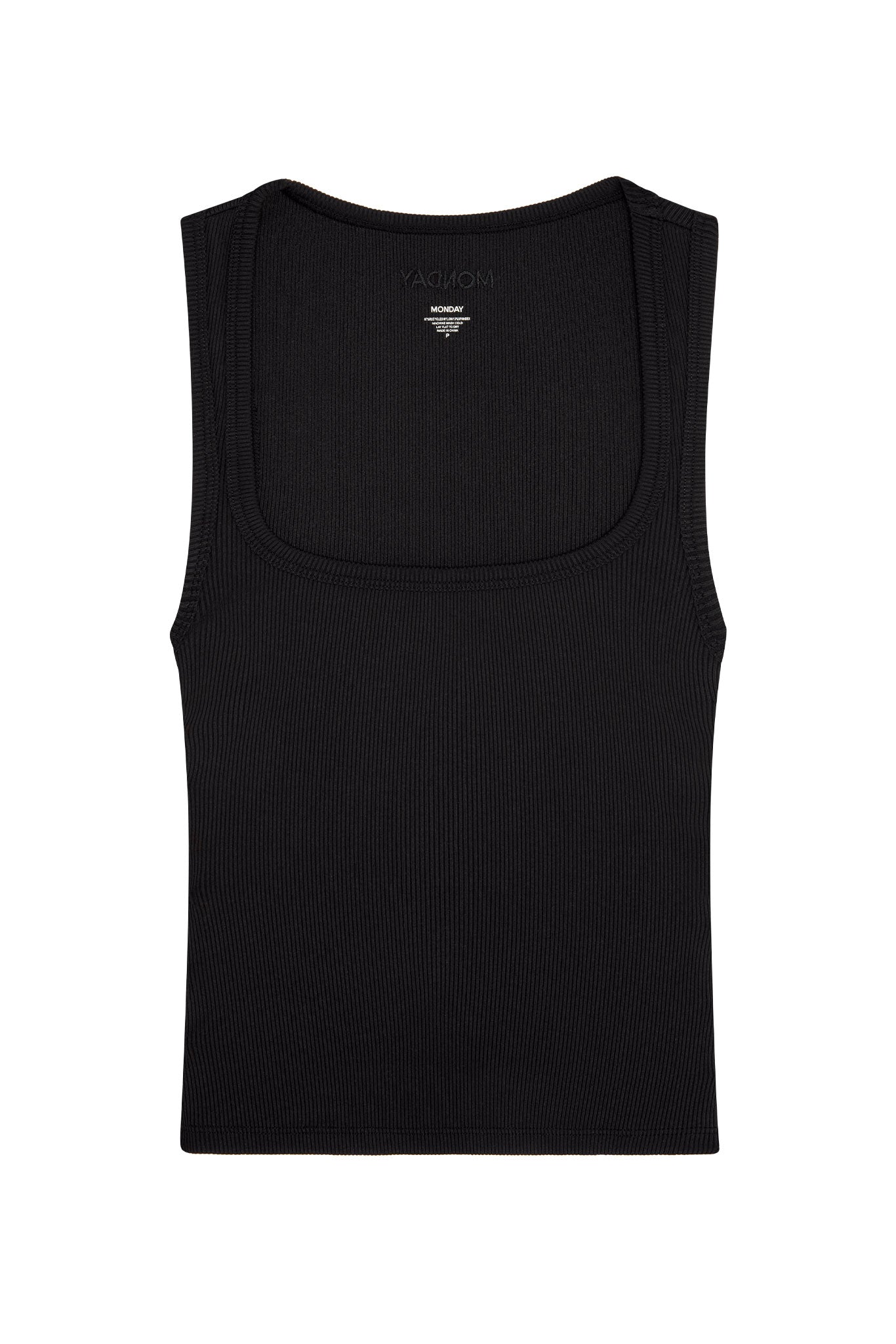 Black ribbed tank top with scoop neckline; interior label reads MONDAY.
