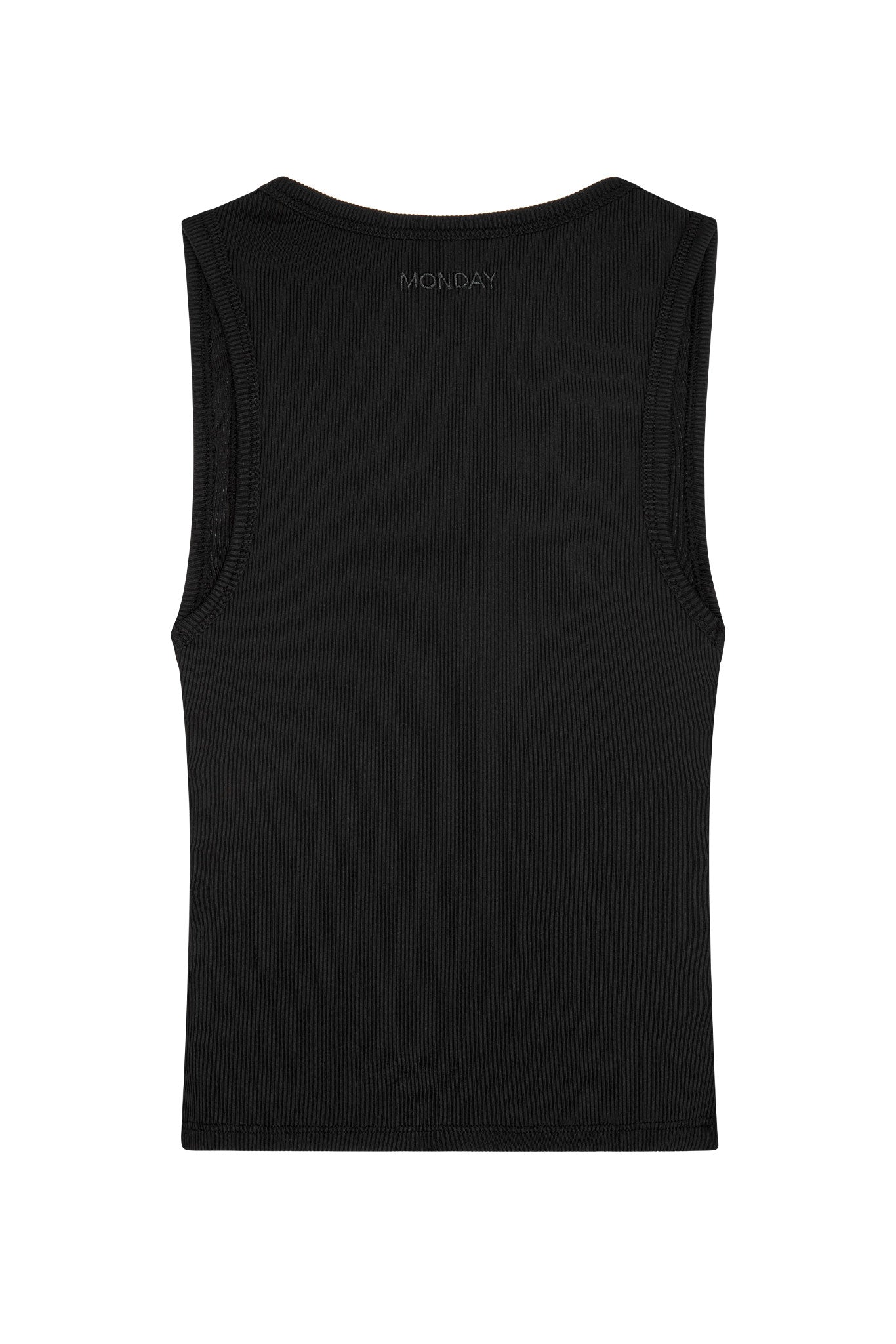 Black ribbed sleeveless tank top, back view with small embroidered MONDAY near the neckline.