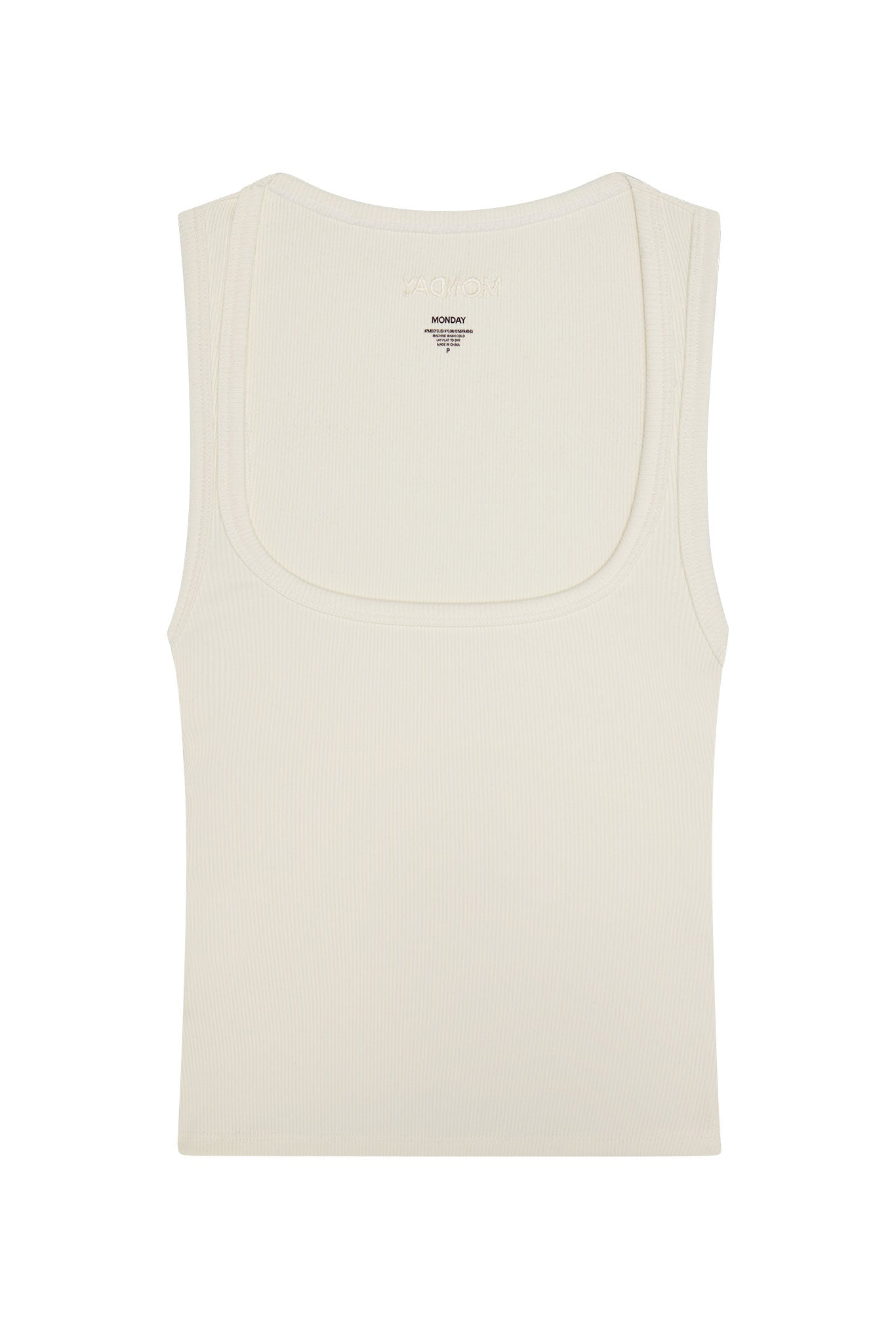 Cream ribbed tank top, back view with inside neckline label 'MONDAY'