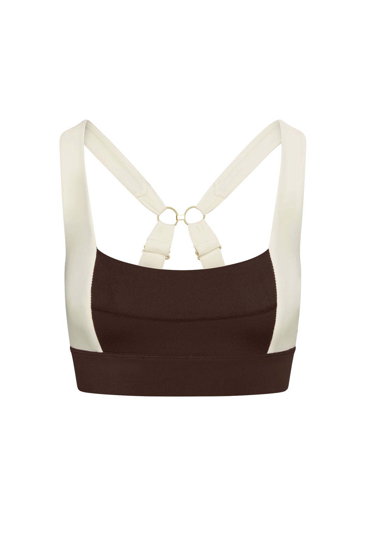Back view of Tash Bra in Espresso/Ivory showcasing crossed ivory adjustable straps, gold rings, and wide supportive band