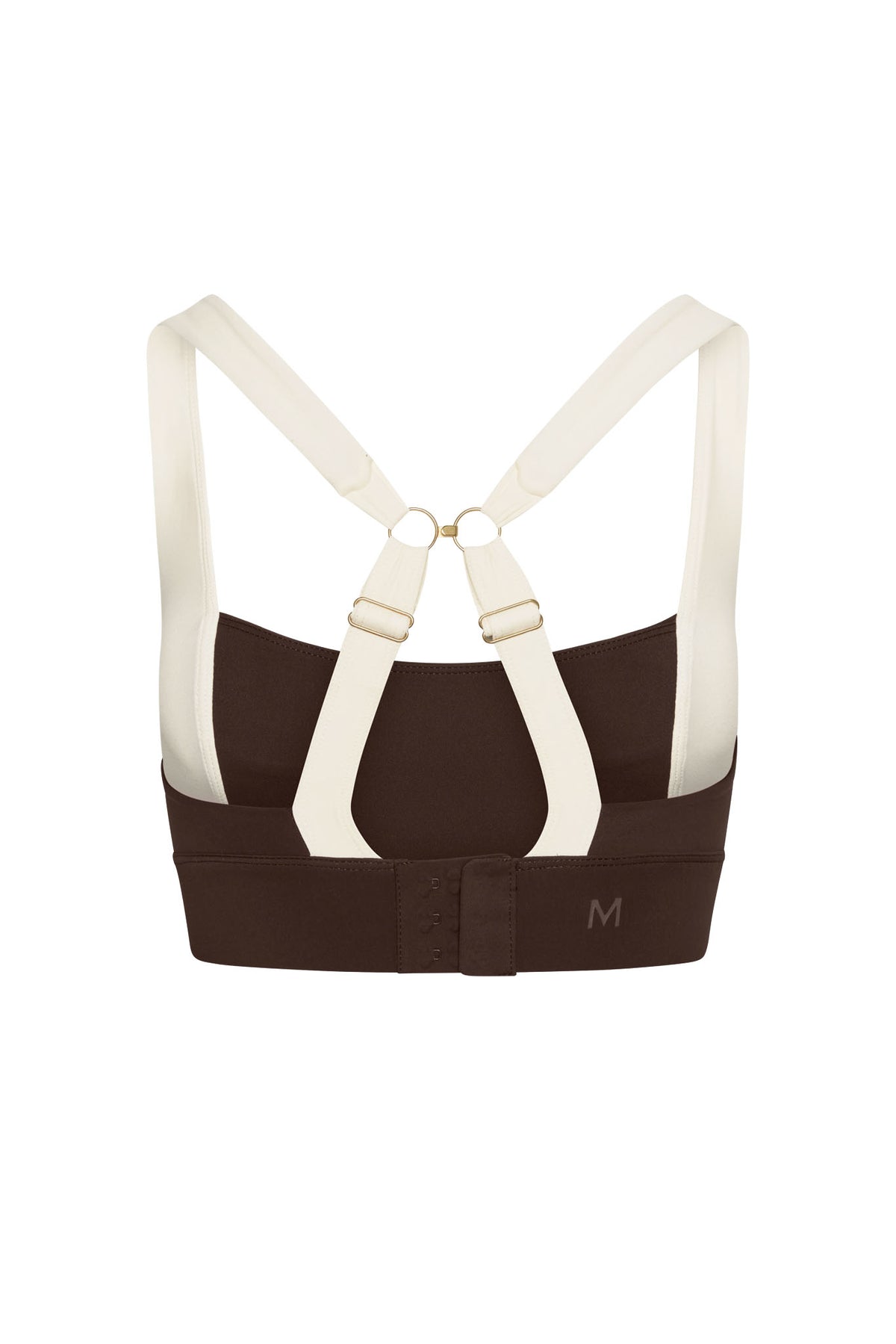 Rear view of Tash Bra in Espresso and Ivory showing crossed ivory straps, gold rings, and hook and eye closure