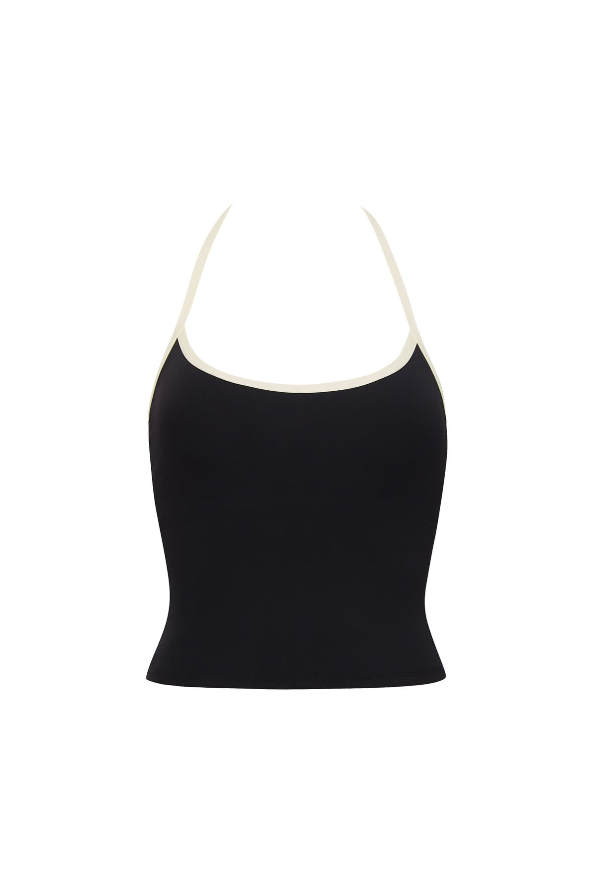 Front view of Toronto Tank in Black/Ivory showcasing ivory trim and halter straps on a white background