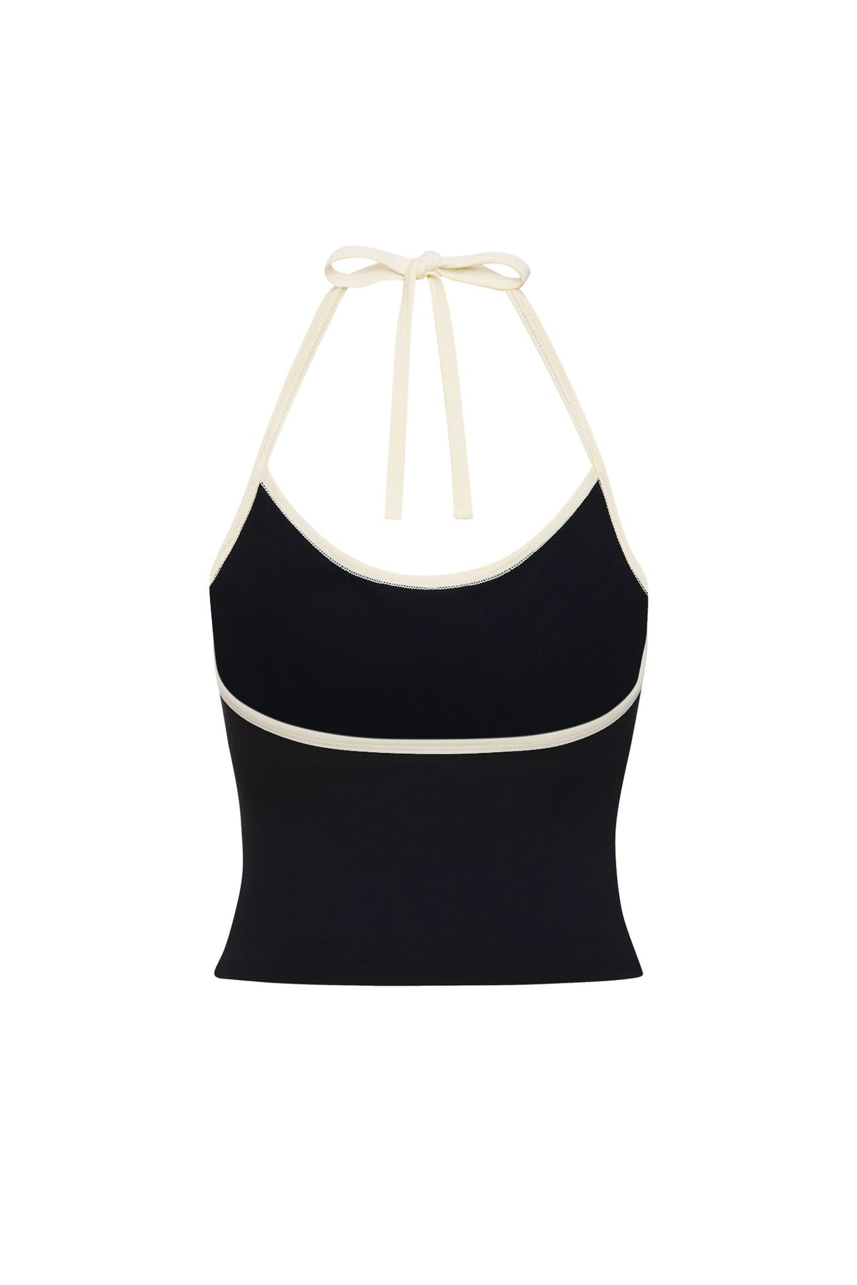Front view of Toronto Tank in Black/Ivory showcasing ivory trim and halter tie against a white background