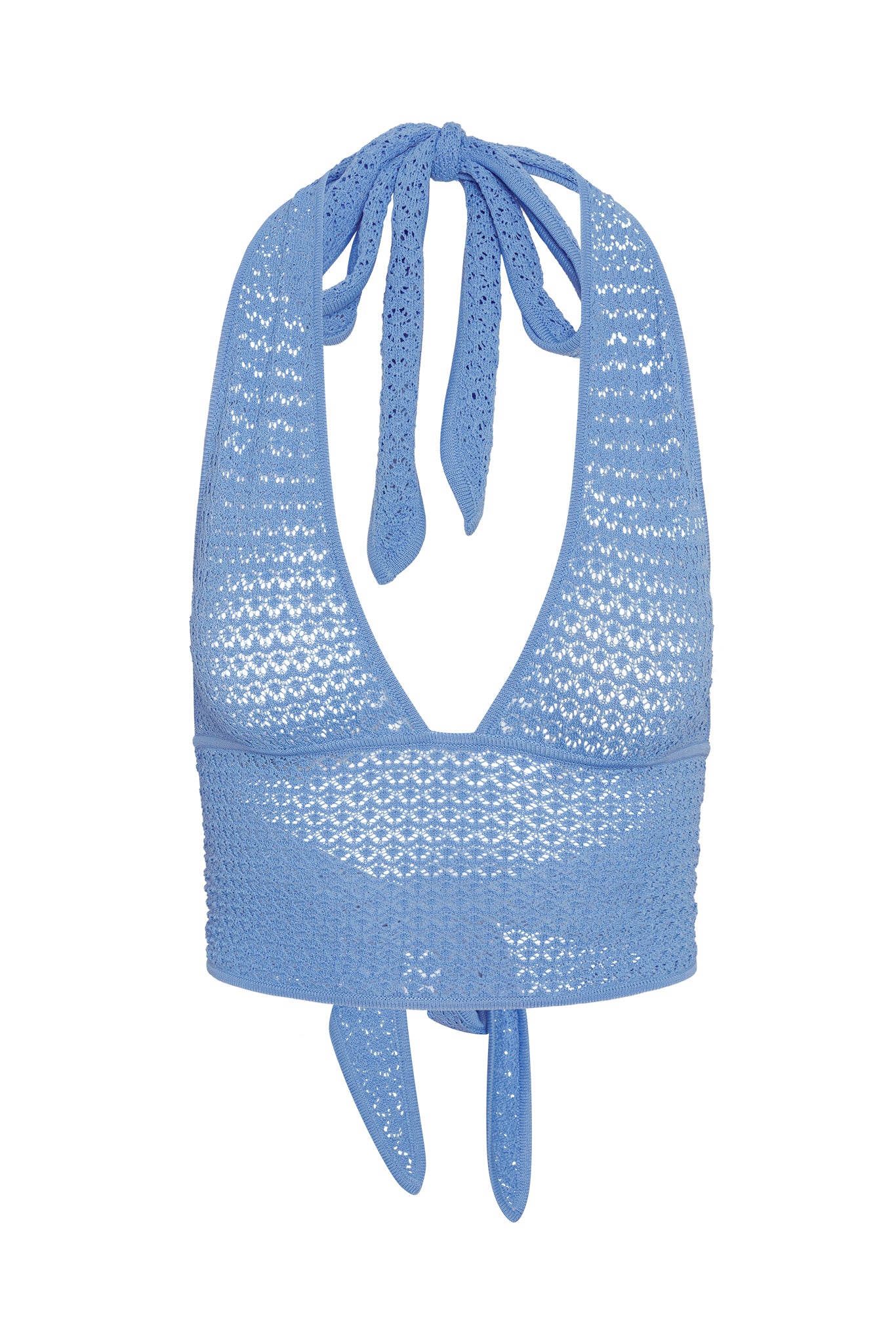Blue crochet halter crop top with tie straps and open knit pattern.