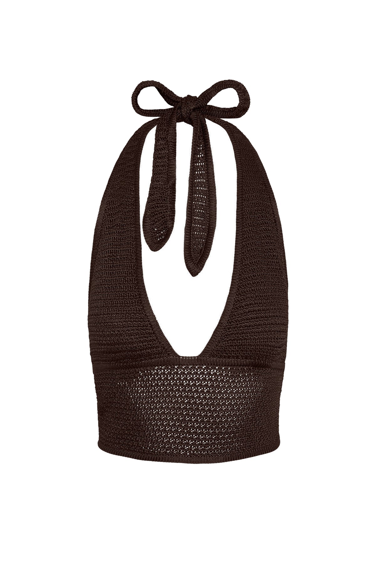 Front view of Toulon Top in espresso treble knit showcasing V neckline, halter tie, cropped fit, and textured knit