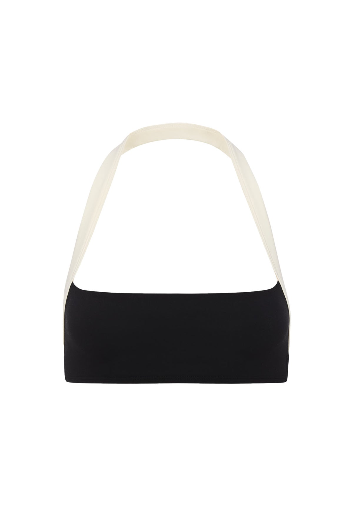 Front view of Tribeca Halter Bra in Black/Ivory showcasing wide ivory halter straps on a white background