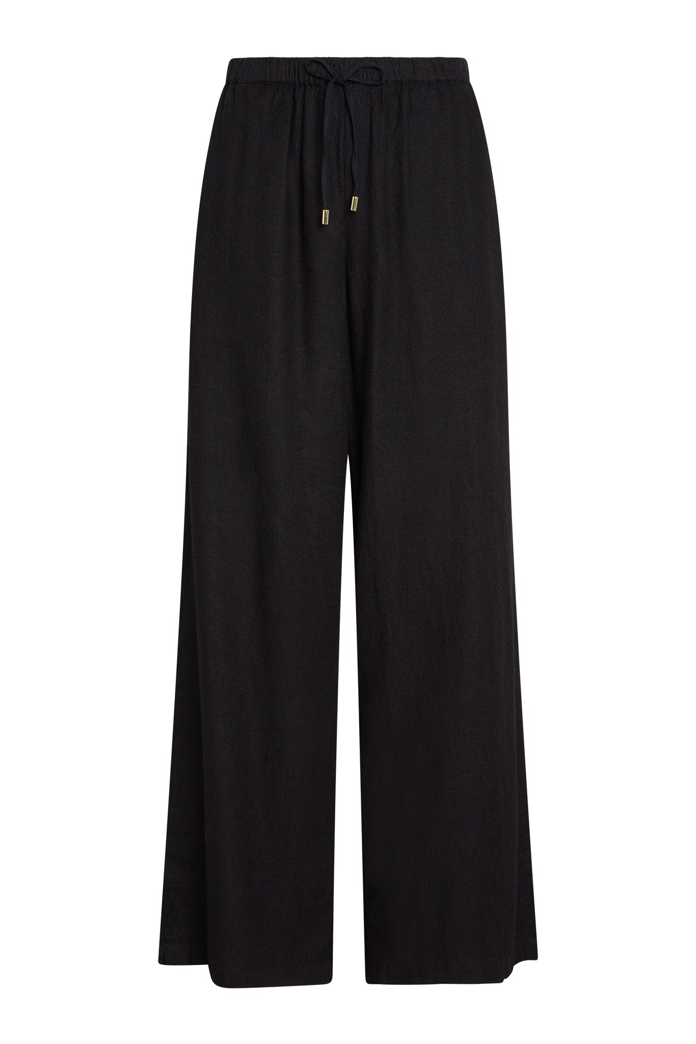 Black wide-leg drawstring pants with elastic waist and gold-tipped drawcords