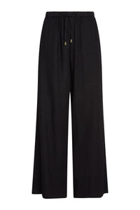Front of Tuscany Pant in black showing elastic waistband, drawstring with gold tips and wide-leg silhouette, white background