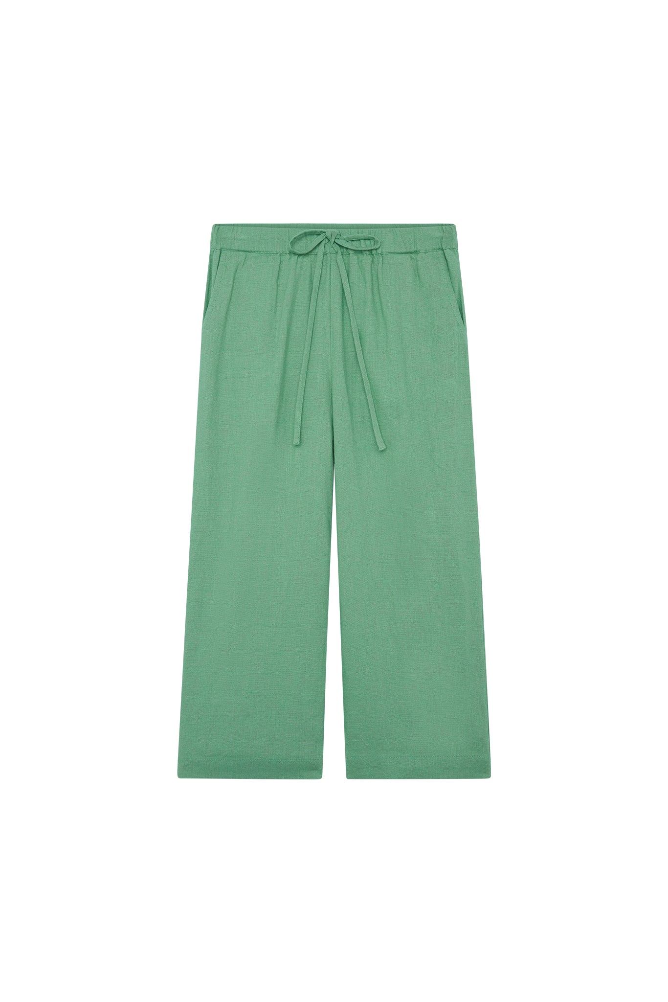 Green drawstring wide-leg pants laid flat on white background
