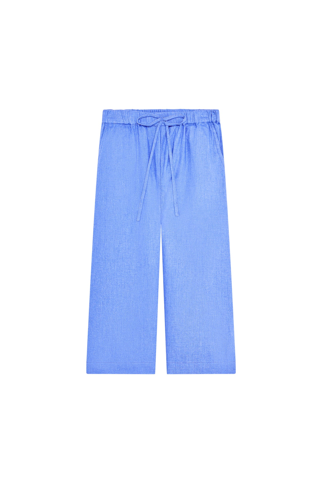 Blue wide-leg cropped pants with elastic drawstring waist, linen-look fabric