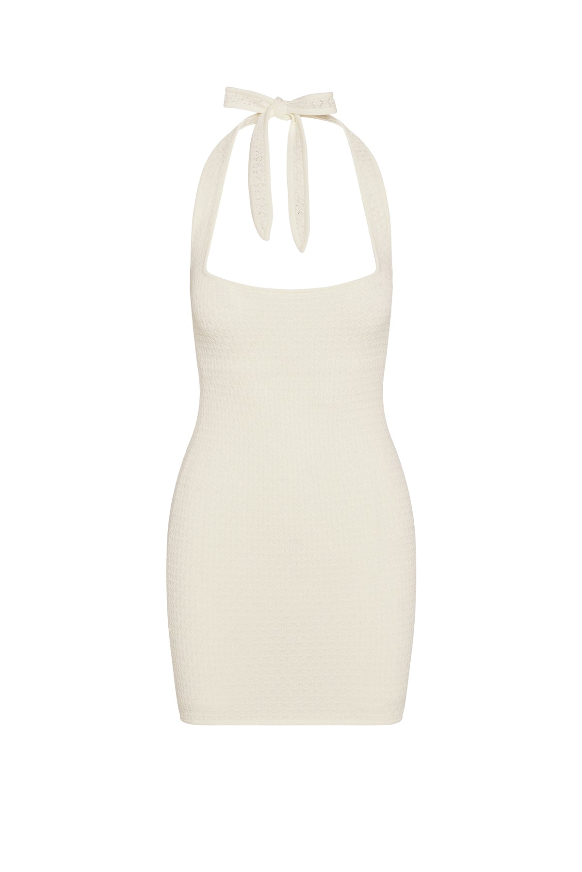 Front view of Waikiki Mini Dress in ivory lace crochet showcasing scoop neckline and tie halter design on white background