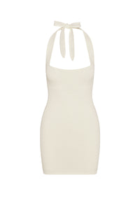 Front view of Waikiki Mini Dress in ivory lace crochet showcasing scoop neckline and tie halter design on white background