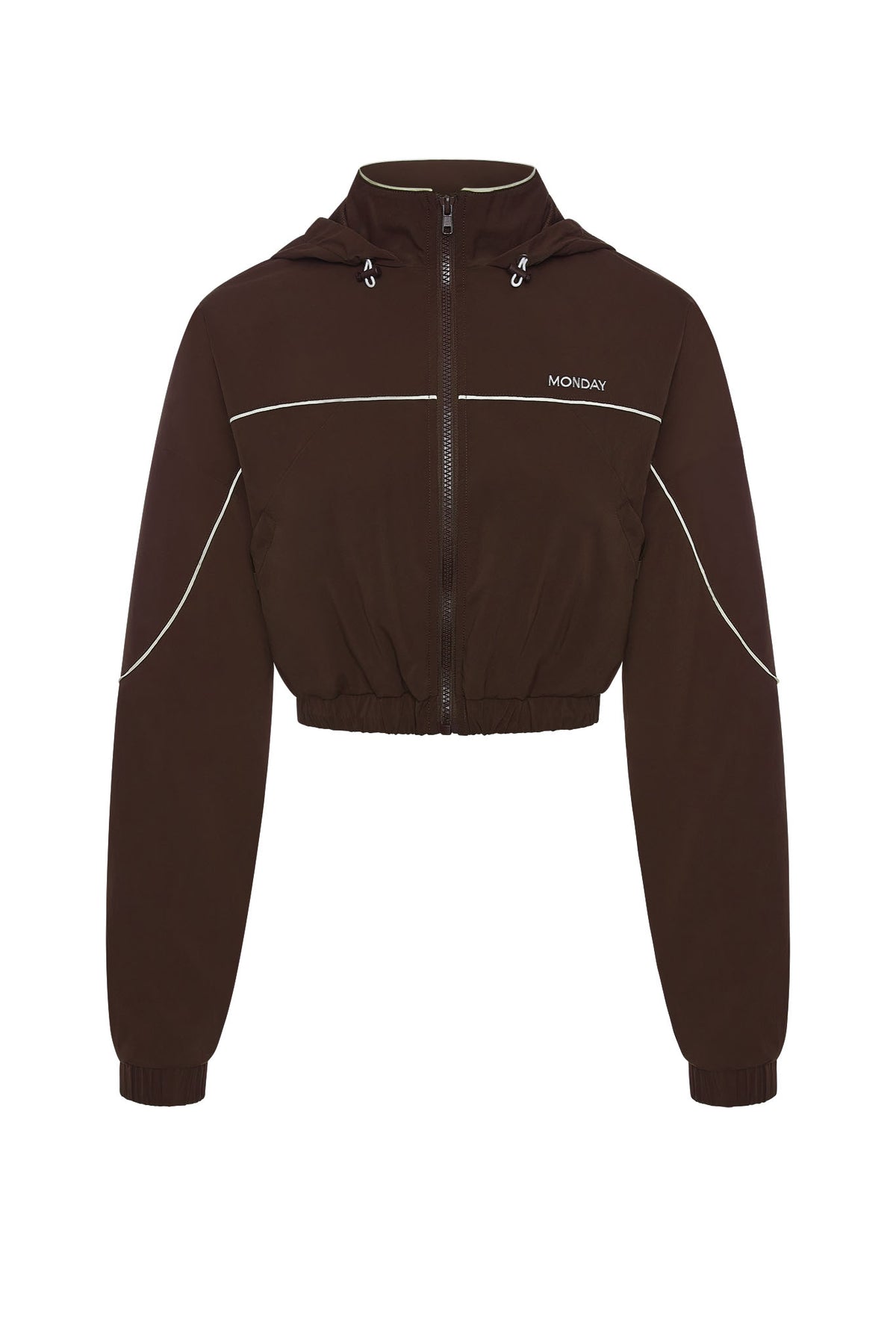 Front view of Westmount Jacket in Espresso showcasing zip front, hood, pockets, and contrast piping with a white background