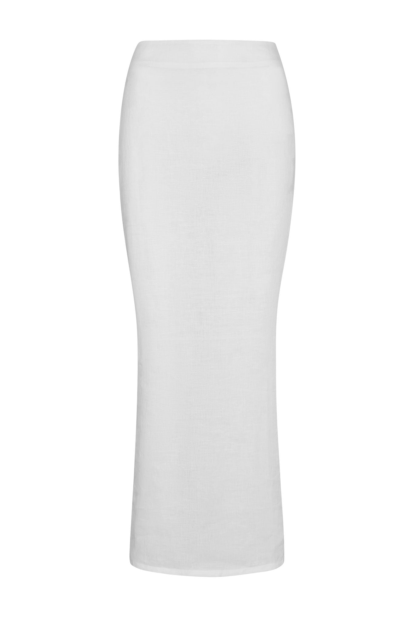 White ankle-length fitted linen maxi skirt with high waist and slim silhouette