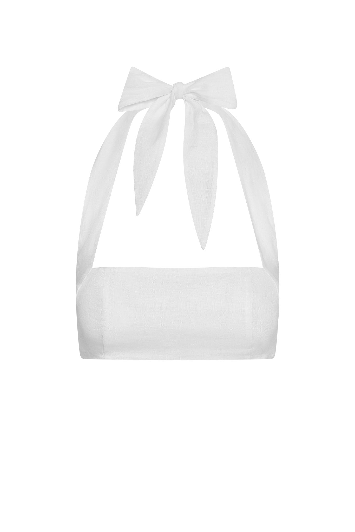 White linen halter bandeau top with tied bow straps and straight bandeau neckline