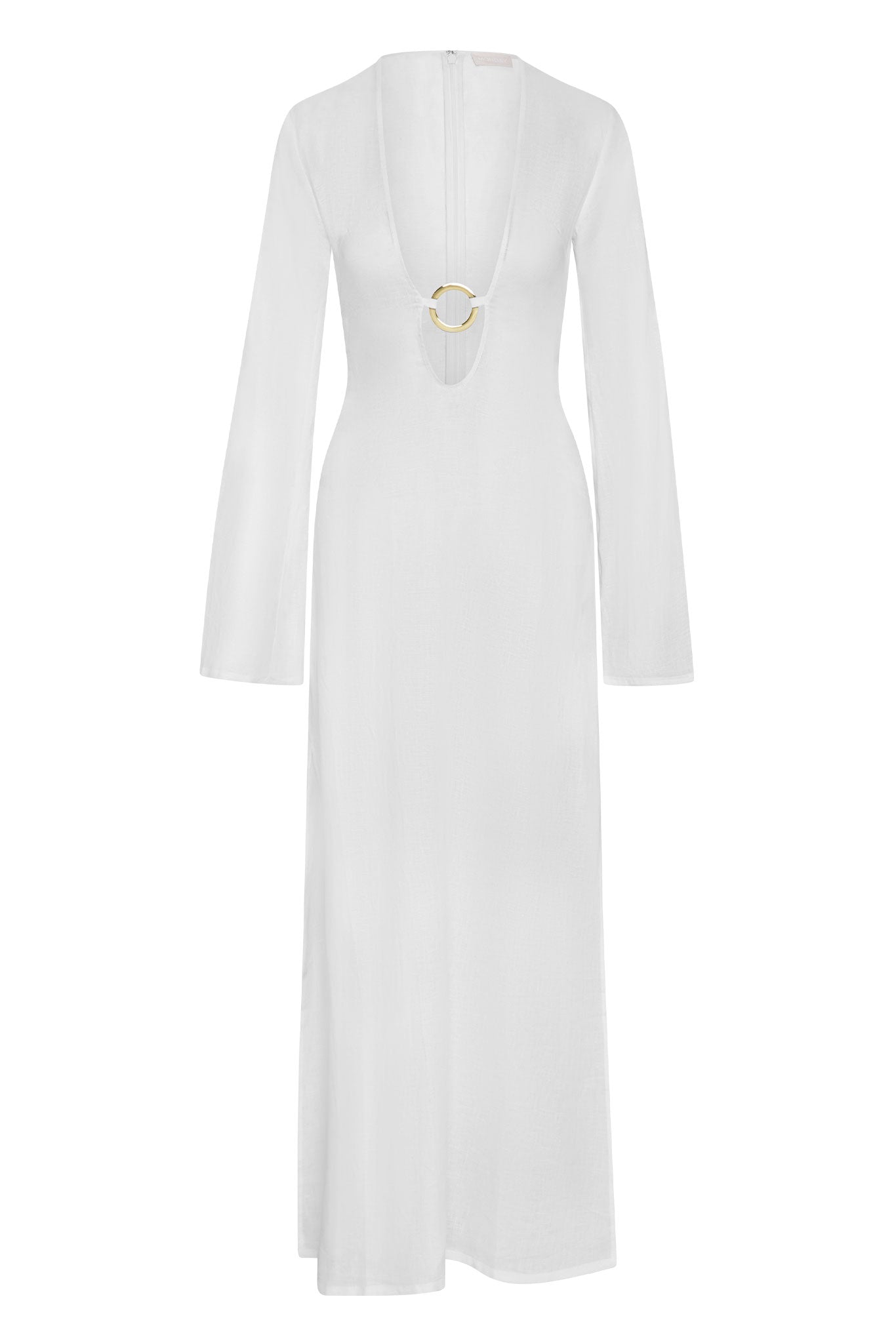 White long-sleeve maxi dress with deep V-neck and circular gold ring detail at chest, fitted waist.