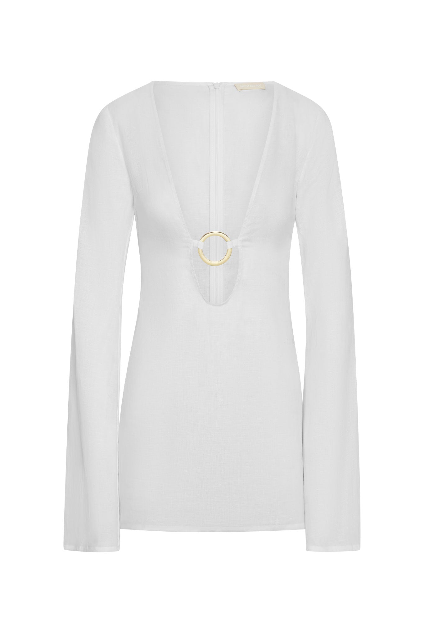 White long-sleeve top with deep V-neck and gold circular O-ring detail at front
