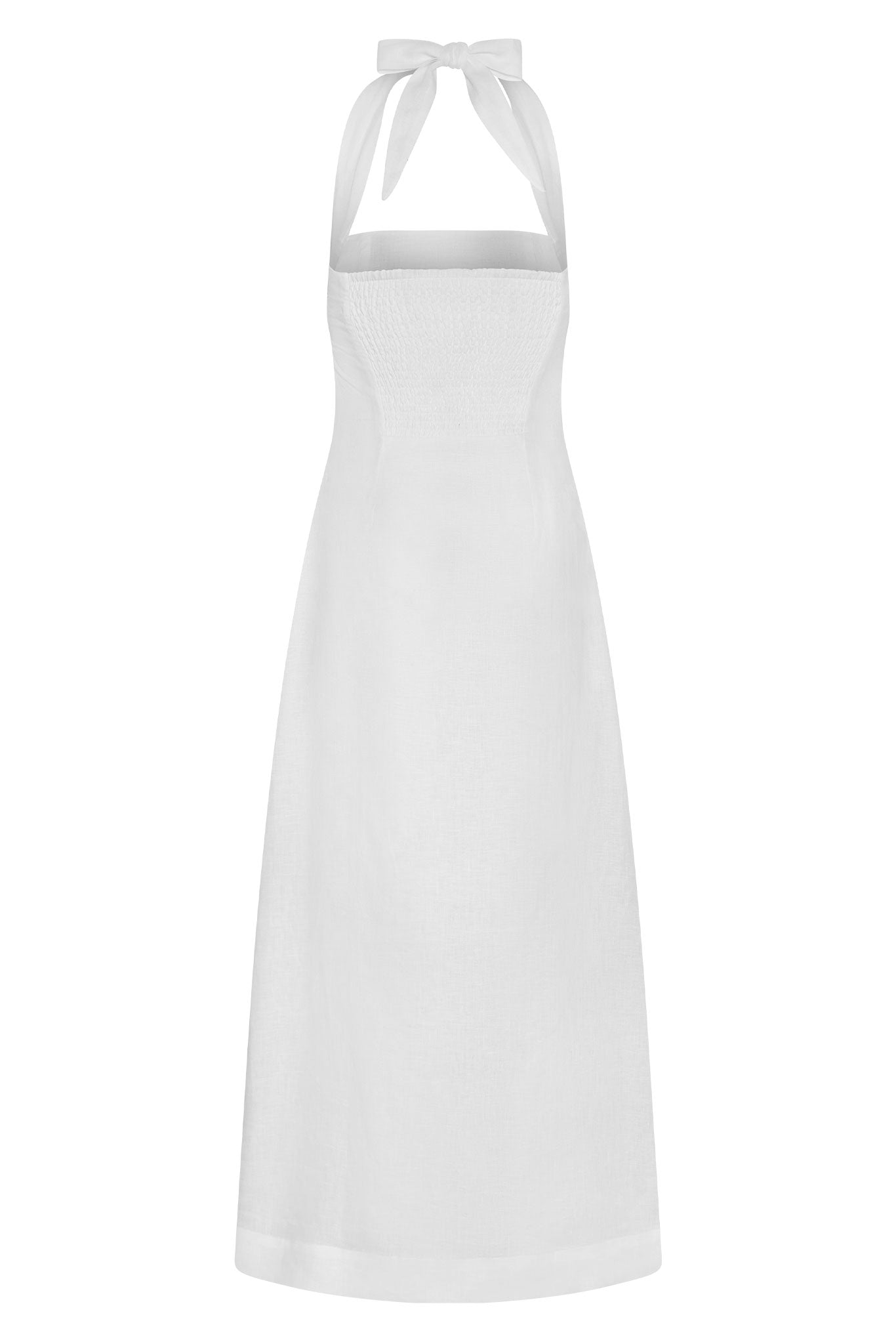 White halter-neck linen maxi dress with smocked bodice and bow tie at the neck
