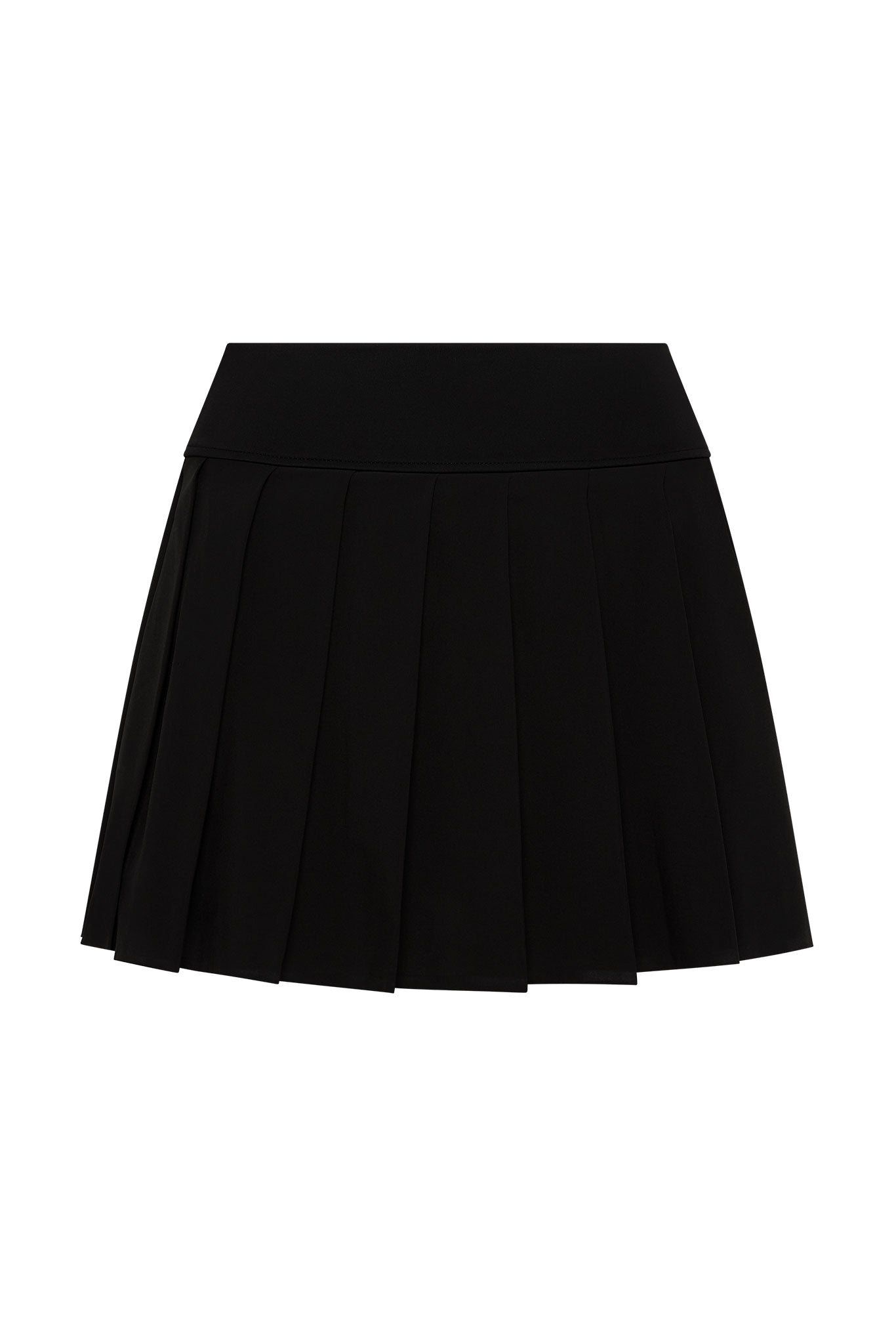 Black pleated mini skirt with wide waistband on white background