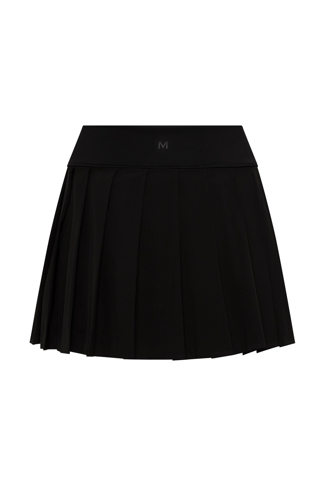 Black pleated mini skirt with wide waistband marked 'M'