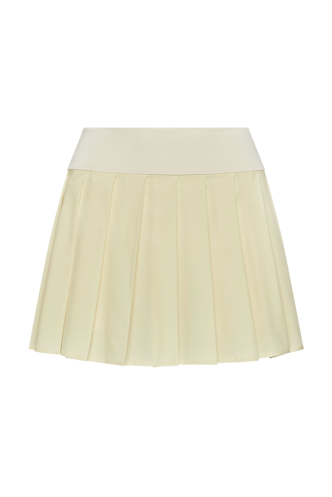 Pale yellow pleated mini skirt with wide waistband, flat-laid on white background