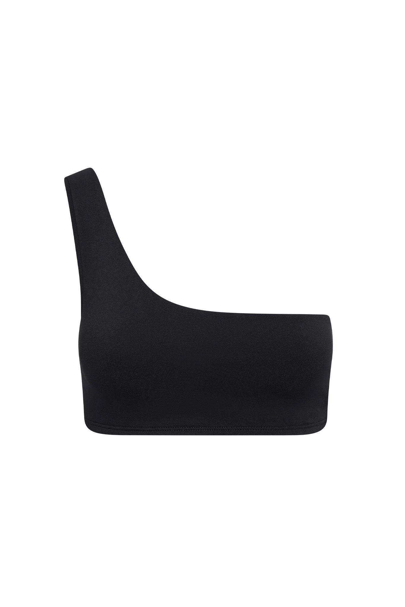 Black one-shoulder crop top with a single wide shoulder strap