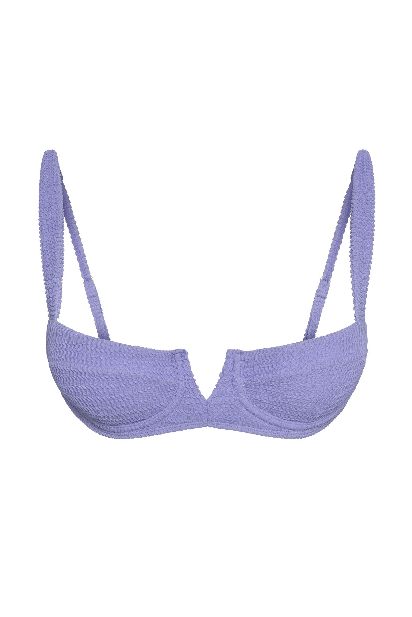 Lavender textured underwire bikini top with molded cups and adjustable straps on white background