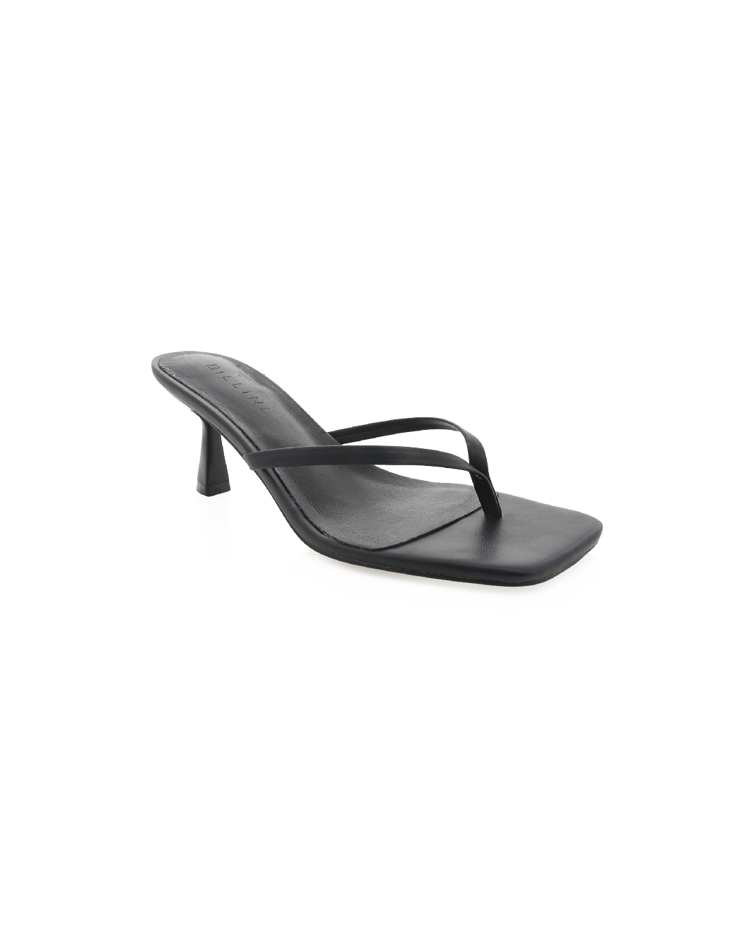 Black square-toe heeled thong sandal with low curved heel, leather upper; insole embossed BILLINI