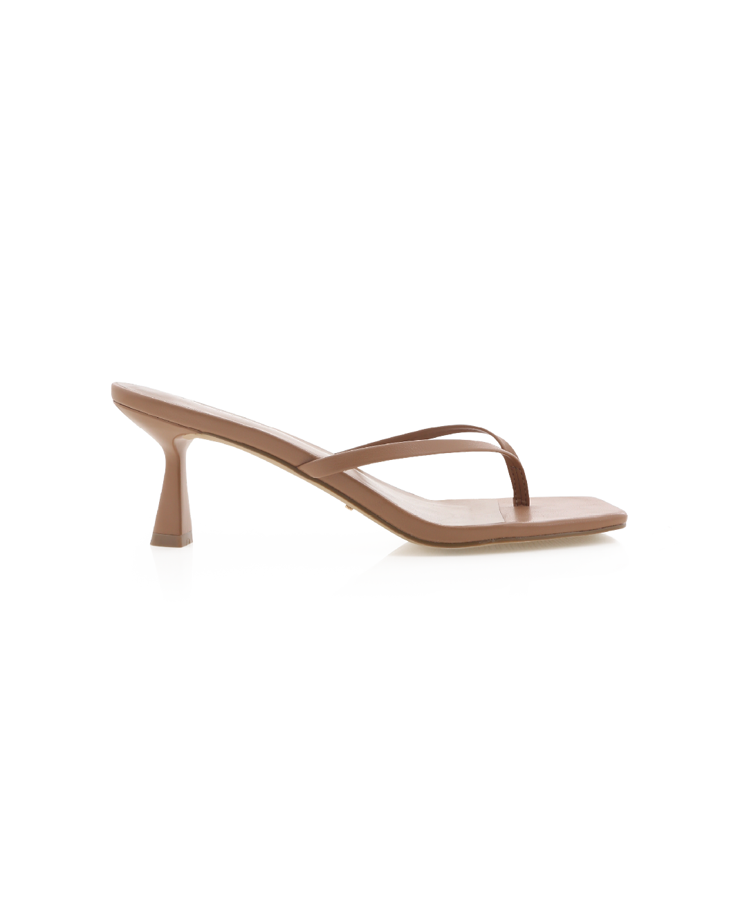 Tan leather heeled thong sandal, square toe and flared mid-heel, side profile on white background.