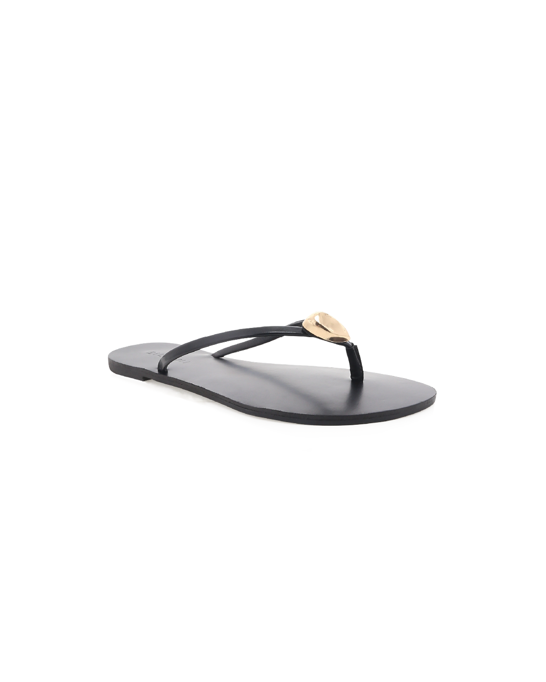 Black leather thong sandal with thin straps and gold teardrop ornament, flat sole, shown at slight angle.