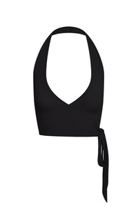 Front view of the Yosemite Sleeveless Top in black lightweight rib showcasing halter wrap styling and adjustable side tie on white background