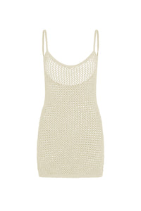 Front view of Zanzibar Mini Dress in ivory petit crochet, fitted open-knit design with thin spaghetti straps on white background