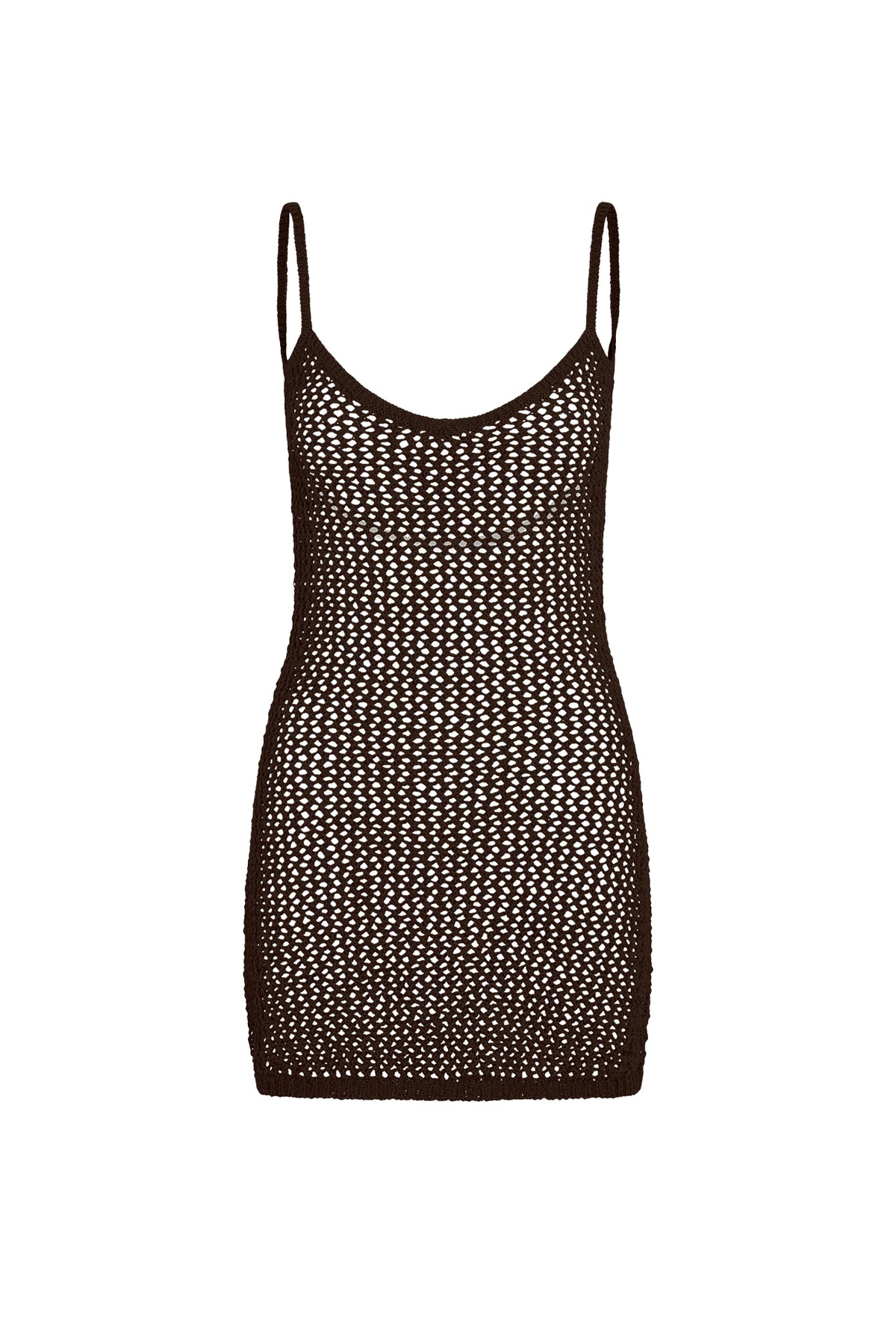 Front view of Zanzibar Mini Dress in espresso petit crochet showcasing sheer open knit fabric and thin straps on white background