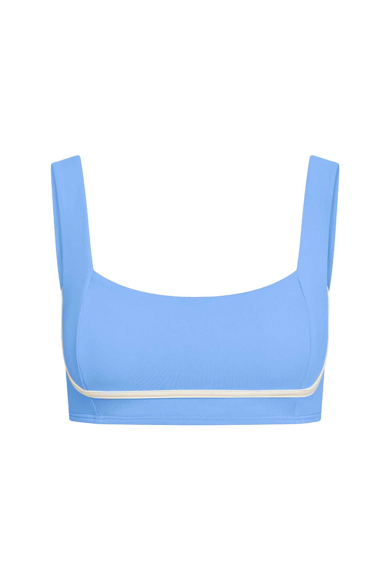 Blue cropped square-neck top with wide straps and contrasting white piping along the bust band