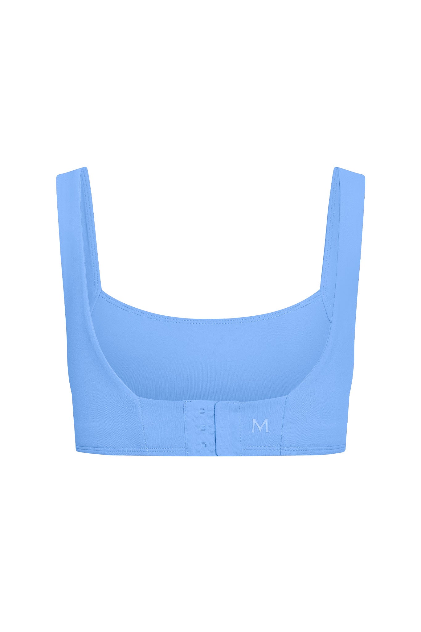 Light blue bra back with three-row hook-and-eye closure and white M logo on band