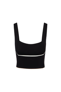 Front view of Zion Tank in Black/Ivory showcasing ivory piping, square neckline and cropped fit on white background
