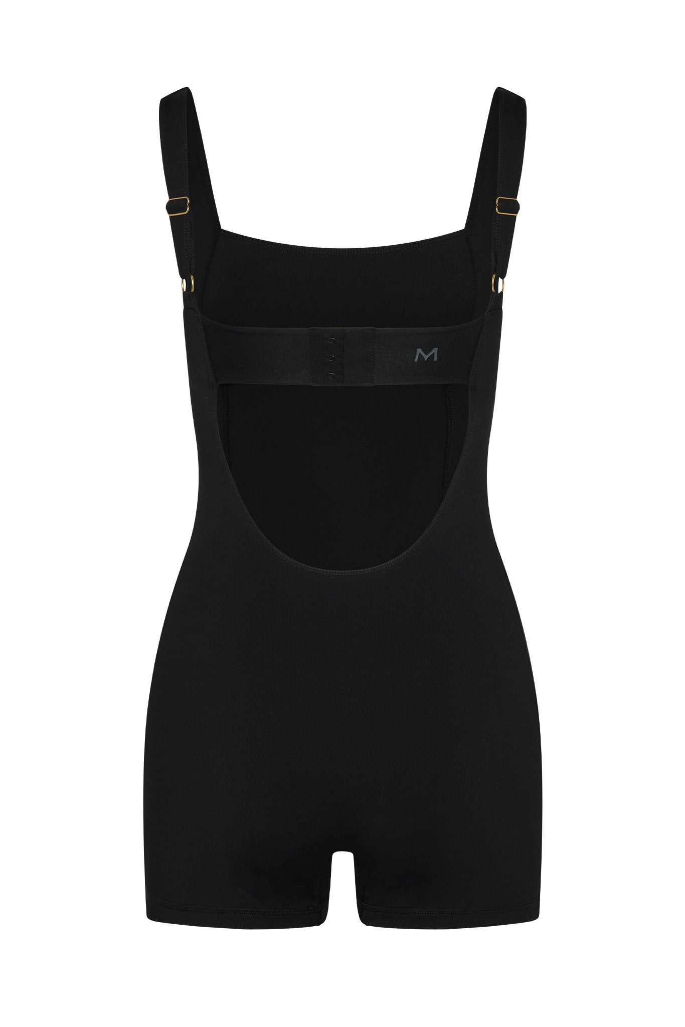 Black shaping bodysuit with low open back, adjustable shoulder straps, hook-and-eye back band and small 'M' logo.