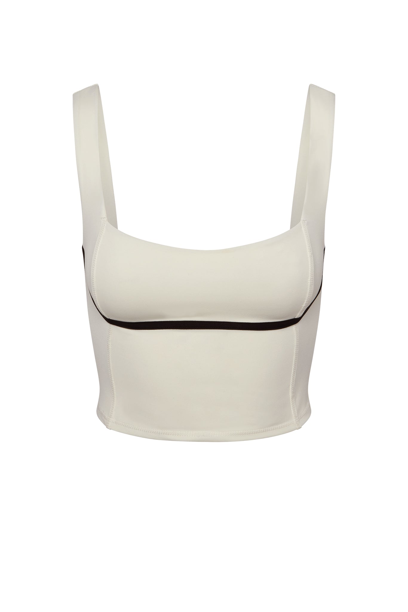 Cream cropped tank top with square neckline and black piped underbust seam