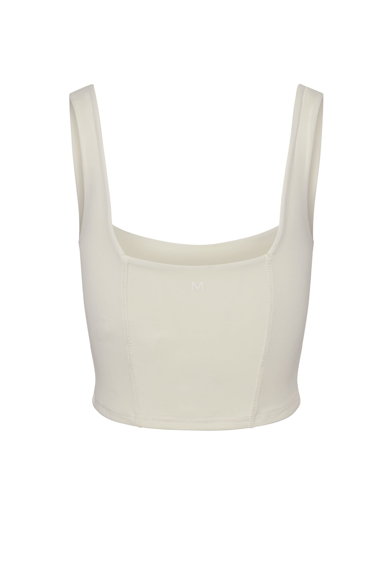 Ivory cropped tank top with square neckline, wide straps and small 'M' logo at center front.